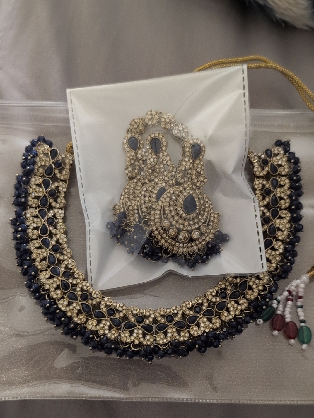 Gold and Blue Crystal Choker Necklace with Matching Earrings